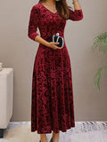 Women's Velvet Midi Dresses Floral Print Long Sleeve V Neck Formal Wedding Guest Fall Winter Dress