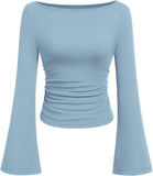 7DAY'S Women's Long Sleeve Shirts 2025 Fall Crop Going Out Tops Casual Boat Neck Bell Sleeve Ribbed Ruched Y2K Clothes