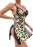 Sexy Split Side Floral Lace Trim Full Slip Night Gown Babydoll Lingerie Dress with Thong 2 piece