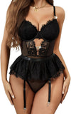 Women Lingerie Set Naughty Lace Bodysuit High Waisted Underwire Lingerie Babydoll With Garter Belt and Stockings