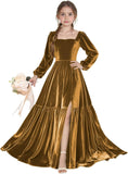 Long Sleeve Velvet Junior Bridesmaid Dresses Girls Holiday Dresses with Slit Christmas Maxi Dress Formal Party Gown