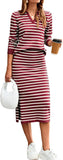 Glamaker Womens 2 Piece Skirt Sets Striped Sweater Dress Casual Polo Neck Knit Long Sleeve Midi Dresses Fall Fashion Outfits