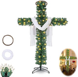 Christmas Tree Shaped Like a Cross, Foldable Cross Christmas Tree, Pre-Lit Artificial Pine Christmas Cross, with Light String, White Scarves and Wooden Rattan Ring, Large Christmas Decorations(5ft)