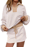 Womens 2 Piece Set Striped Sweatshirt Skirt Set Casual Long Sleeve Skort Workout Matching Lounge Set with Pockets