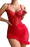 Sexy Corset Bodycon Ruffle Sheer Underwire Mesh Lace Floral Outfits Babydoll Lingerie Set Dress with Thong 2 Piece