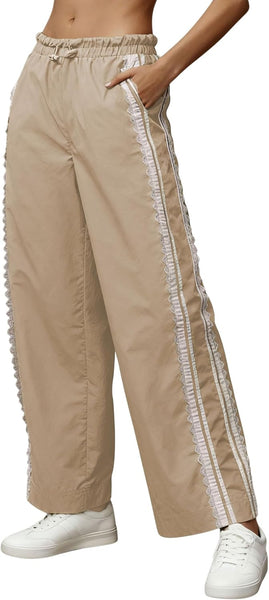Women Baggy Track Pants Lace Side Stripe Drawstring Elastic Waist Wide Leg Parachute Pants with Pockets