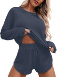 Ekouaer Womens Waffle Knit Pajama Sets Long Sleeve Top and Shorts Matching Lounge Set Loungewear Sweatsuit with Pockets
