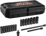 VEVOR Impact Socket Set 3/8" Drive, 48-Piece Standard SAE (5/16 to 3/4 inch) & Metric (8 to 22 mm) Size, Deep & Shallow, 6 Point, CR-V, Extension Bar, Universal Joint, 1/2" F to 3/8" M Reducer