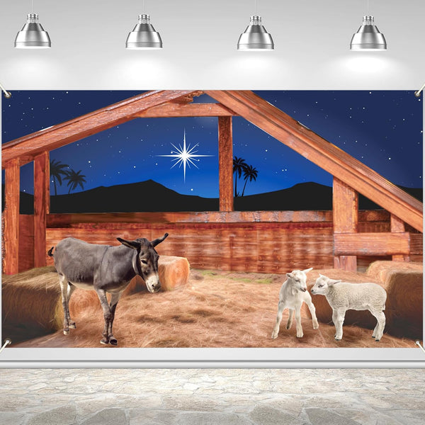 CHUNNIN Nativity Stable Scene Backdrop for Religious Christmas Theme Hanging Banner Supplies Christmas Nativity Scene Sign Manger Backdrop for Winter Holiday Xmas Photoshoot Props Party Decor