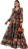 Summer Casual Dresses for Women 2024 Spring Fashion Boho V Neck Long Sleeve Ruffle Floral Print Elegant Maxi Dress