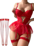 Women Lingerie Set Naughty Lace Bodysuit High Waisted Underwire Lingerie Babydoll With Garter Belt and Stockings