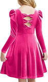 Arshiner Girls Long Sleeve Dress Velvet Crew Neck Bow Back Holiday Party Dresses with Pockets