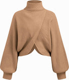 CIDER Cropped Sweaters for Women Turtleneck Sweater Long Sleeve Ribbed Knit Lantern Sleeve Pullover Fall Outfits