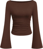 7DAY'S Women's Long Sleeve Shirts 2025 Fall Crop Going Out Tops Casual Boat Neck Bell Sleeve Ribbed Ruched Y2K Clothes