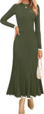 ZESICA Women's Long Sleeve Sweater Dress Fall 2025 Crewneck Ribbed Knit Pleated A-Line Maxi Wedding Guest Dresses