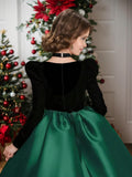Long Sleeve Velvet Flower Girl Dresses A Line Crystal Satin Formal Dresses for Christmas