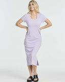 Real Essentials 3 Pack: Women's Ribbed Jersey Crew Neck Short Sleeve Midi Length Dress with Side Slit