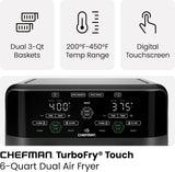 Chefman 6 Quart Dual Basket Air Fryer - Digital Touchscreen, Smart Sync Finish, Hi-Fry, Auto Shutoff, 2 Independent 3QT Nonstick Dishwasher-Safe Frying Baskets - Digital Double Air Fryer - Black