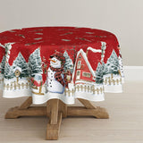 Horaldaily Christmas Tablecloth 60×84 Inch, Winter Snowman House Christmas Trees Red Washable Table Cover for Party Picnic Dinner Decor