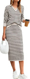 Glamaker Womens 2 Piece Skirt Sets Striped Sweater Dress Casual Polo Neck Knit Long Sleeve Midi Dresses Fall Fashion Outfits