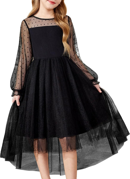Arshiner Girls Dresses Contrast Mesh Long Sleeve Twirly High Low Birthday Party Formal Dress