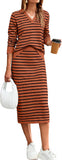 Glamaker Womens 2 Piece Skirt Sets Striped Sweater Dress Casual Polo Neck Knit Long Sleeve Midi Dresses Fall Fashion Outfits