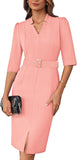 GRACE KARIN Women's Work Dress 3/4 Sleeve V Neck Bodycon Sheath Dress Zipper Up Office Business Dresses with Belt