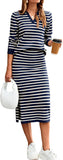 Glamaker Womens 2 Piece Skirt Sets Striped Sweater Dress Casual Polo Neck Knit Long Sleeve Midi Dresses Fall Fashion Outfits
