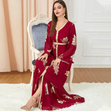 AFAVOM Women Moroccan Kaftan Abaya Golden Lace Dress Embroidered Islamic Ramadan Eid Dress Arabic Dubai Muslim Prayer Robe