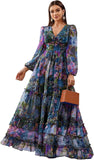 Summer Casual Dresses for Women 2024 Spring Fashion Boho V Neck Long Sleeve Ruffle Floral Print Elegant Maxi Dress