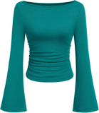 7DAY'S Women's Long Sleeve Shirts 2025 Fall Crop Going Out Tops Casual Boat Neck Bell Sleeve Ribbed Ruched Y2K Clothes