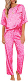 Ekouaer Womens Satin Silky Pajama Set Short Sleeve Shirt with Long Pajama Pant Set Soft PJ Loungewear