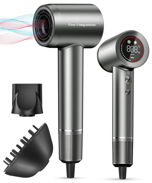 Hair Dryer - Negative Ionic Blow Dryer with 150000 RPM High Speed Brushless Motor for Fast Drying, Low Noise, HD Display Hair Dryer with Diffuser and Nozzle, 5 Temps & 2 Speeds