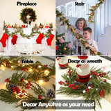 Christmas Garland 6FT 20 LED Bulbs Cypress Pine Garland with Lights Battery Operated with Timer Bells Red Berries Pinecones Green Garlands Decoration for Xmas Holiday Thanksgiving New Year Home Decor