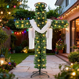 Christmas Tree Shaped Like a Cross, Foldable Cross Christmas Tree, Pre-Lit Artificial Pine Christmas Cross, with Light String, White Scarves and Wooden Rattan Ring, Large Christmas Decorations(5ft)