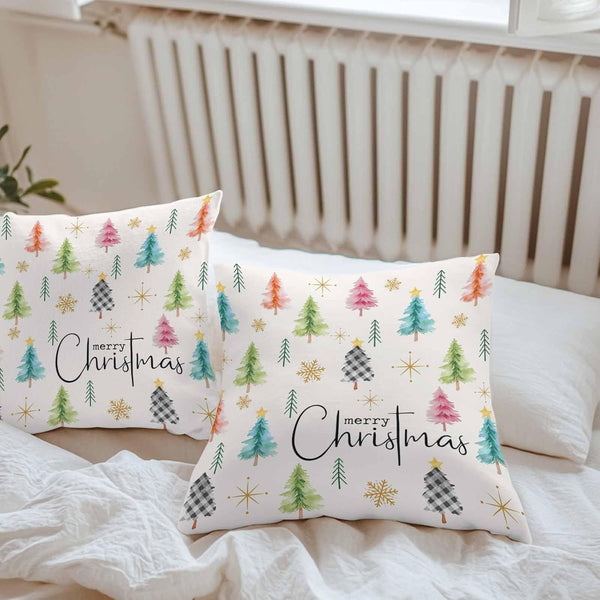 Outdoor Waterproof Throw Pillow Cover, Christmas Xmas Tree Watercolor Decorative Pillows Cushion Covers, Winter Golden Snowflakes Stars 2 Pack Pillow Cases for Patio Garden Balcony Couch Sofa 16x16in