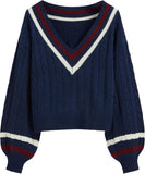 CIDER Cable Knit Sweater Women V Neck Long Sleeve Pullover Striped Trim Regular Fit Knit Top Fall Sweaters