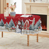Horaldaily Christmas Tablecloth 60×84 Inch, Winter Snowman House Christmas Trees Red Washable Table Cover for Party Picnic Dinner Decor