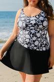 Black Printed Square Neck Drawstring Ruffled Tankini Set