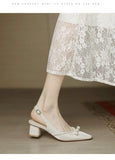 Women Block Heel Closed Toe Sandals, 2026 Summer New Fashion Square Toe Back Strap Pearl Fairy Style High Heel Pumps