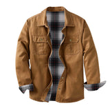 Washed Canvas Work Jacket With A Plaid Lining, Durable And Warm