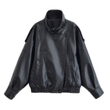 Women's Graceful Stand Collar Wholesale Litchi Leather Jacket