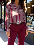 Elegant Sophisticated Striped Patchwork Print Blouse With Long Sleeves For Workwear