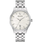 Bulova Ladies Classic Diamond Dial Stainless Steel 3-Hand Calendar Date Quartz Watch White Mother-of-Pearl Style: 96P220