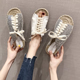 Sequin Lace-Up Flat Sandals with Straw Fisherman Sole