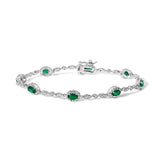 10K White Gold Oval Green Emerald & Diamond Alternating Link Bracelet