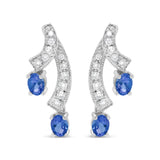 14K White Gold 4x3MM Oval Shaped Natural Blue Tanzanite Gemstone and 1/5 Cttw Diamond Double 3/4" Inch Drop Stud Earrings (H-I Color, VS1-VS2 Clarity)