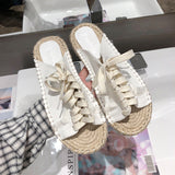 Sequin Lace-Up Flat Sandals with Straw Fisherman Sole