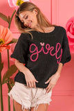 BiBi Metallic Letter Short Puff Sleeve Hairy Sweater