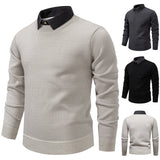 Mens Faux Two-piece Base-layer Knit Casual Shirt-collar Sweater